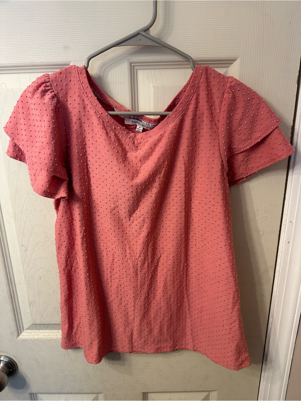 Rose & Olive Coral Pink Swiss Dot Flutter Sleeve Top